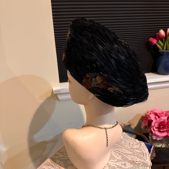 Pheasant Feather Hat / MCM High Fashion or Costume Hat of Black & Brown Feathers - Picture 4 of 14